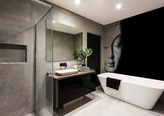 Tranquil Buddha face art in a modern bathroom, creating a serene ambiance with stylish decor.