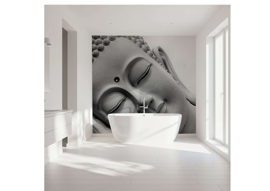 Handmade shower panel featuring a serene Buddha face in a modern bathroom setting.