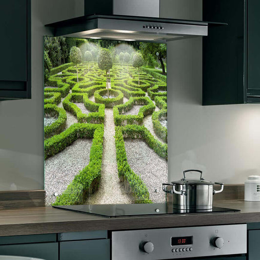 Country Garden Maze splashback creating a serene kitchen atmosphere with lush greenery and captivating maze design.