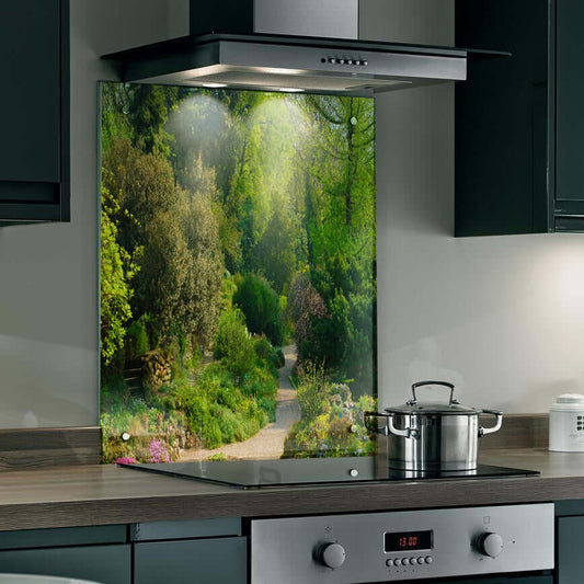 Serene woodland path splashback in a modern kitchen, enhancing tranquility and organic decor.