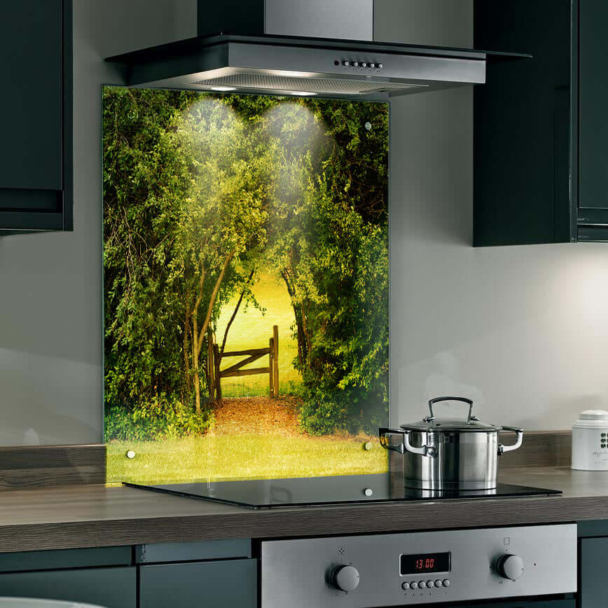 Rustic countryside gateway splashback for kitchen, bringing warmth and a storybook ambiance to cooking spaces.
