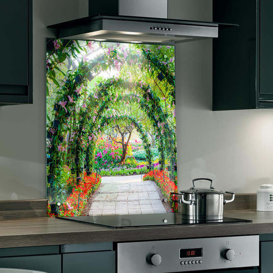 Floral archway splashback adding vibrant garden beauty to a modern kitchen, creating an immersive cooking atmosphere.