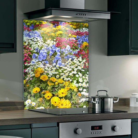 Vibrant wildflower splashback brightening a modern kitchen with cheerful colors and natural energy.
