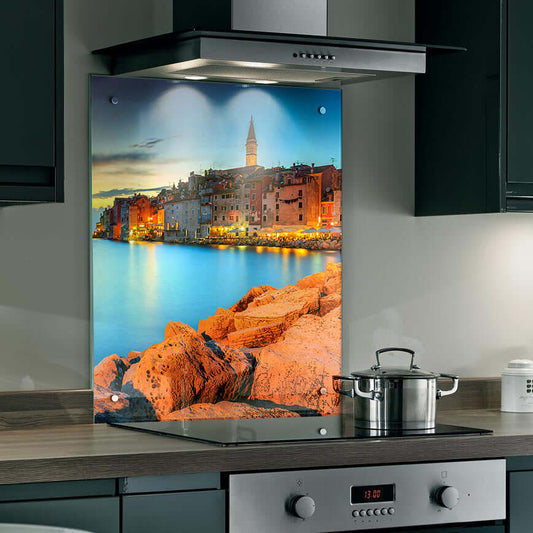 Coastal charm splashback featuring a glowing harbour scene with warm lights and historic skyline for a Mediterranean kitchen.