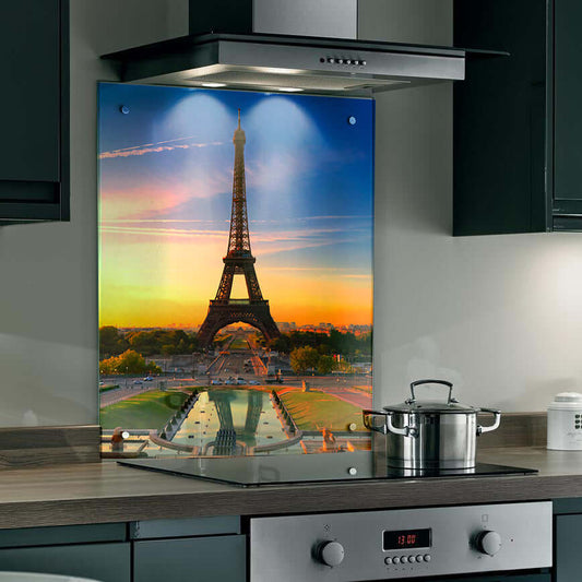 Eiffel Tower splashback in a kitchen with sunset sky, adding Parisian elegance and sophistication to the space.
