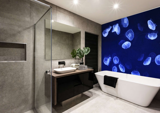 Bathroom featuring electric blue jellyfish wall art panel, combining modern decor and ocean-inspired design.