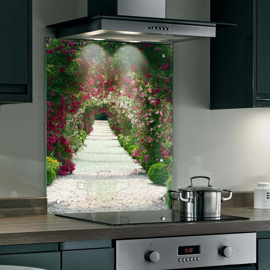Rose garden pathway splashback, adding elegance and charm to a modern kitchen with floral arches.