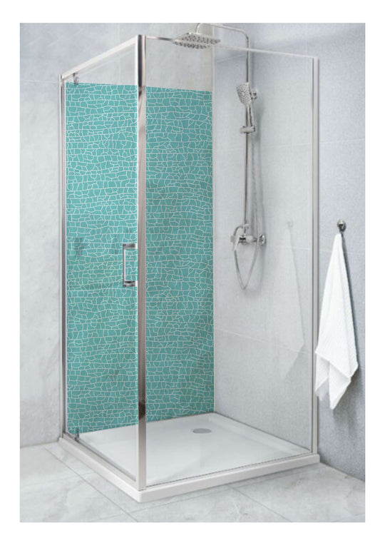 Modern shower with geometric cracked pattern tiles in teal, enhancing contemporary bathroom design with vibrant texture.