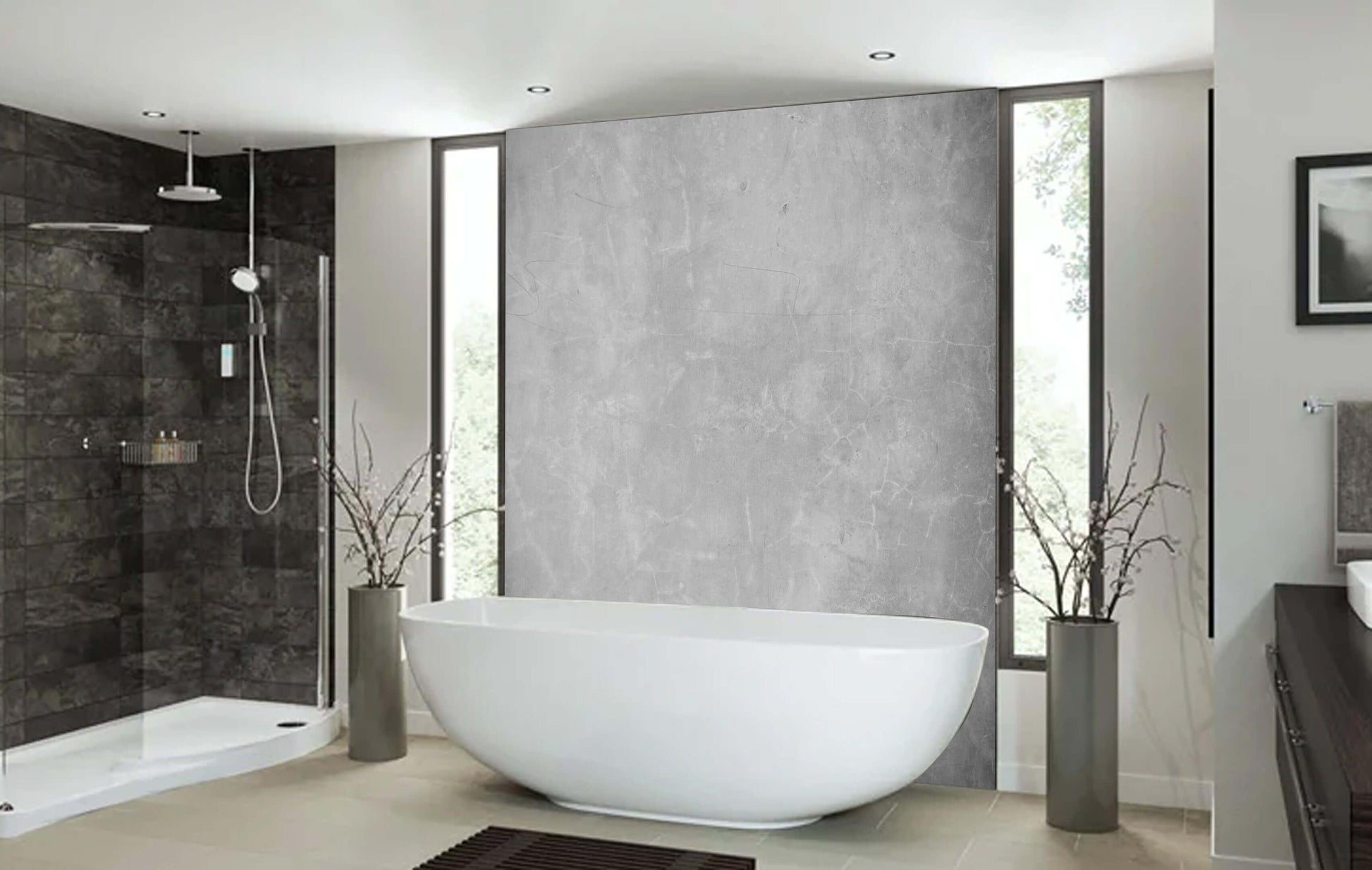 Modern bathroom with grey concrete wall panel, freestanding tub, and stylish decor for an industrial look.