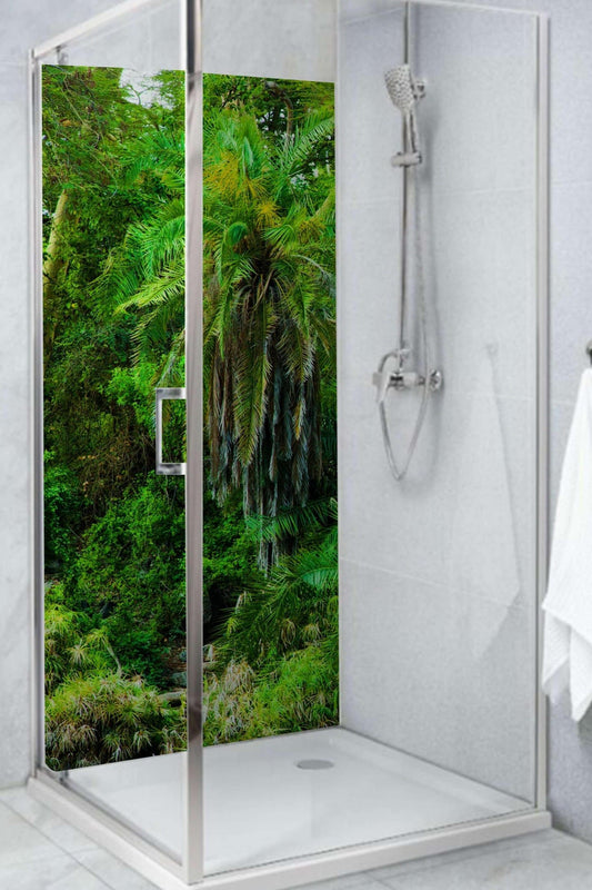 Jungle-themed shower panel featuring lush green foliage, transforming your bathroom into a serene nature escape.