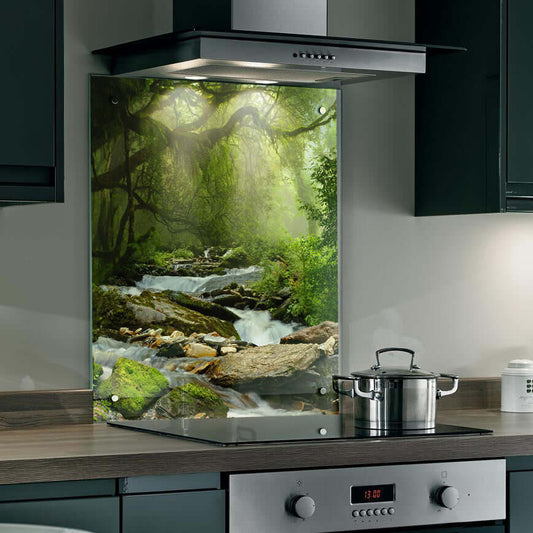Forest stream splashback featuring tranquil water and lush greenery, enhancing kitchen ambiance and serenity.