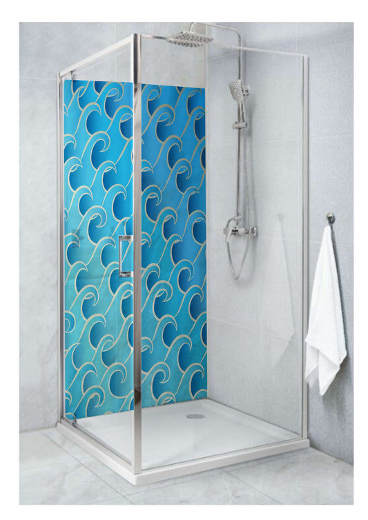 Large blue geometric wave pattern in a contemporary shower enclosure, adding vibrant energy to modern interiors.