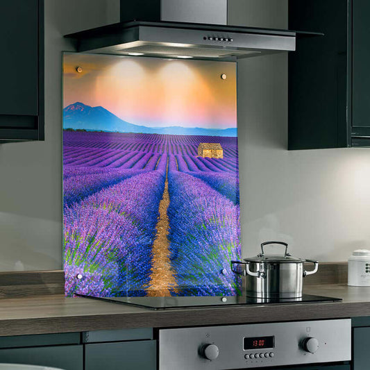Lavender field splashback in a kitchen, featuring vibrant purple rows and a warm sunset glow for a serene atmosphere.