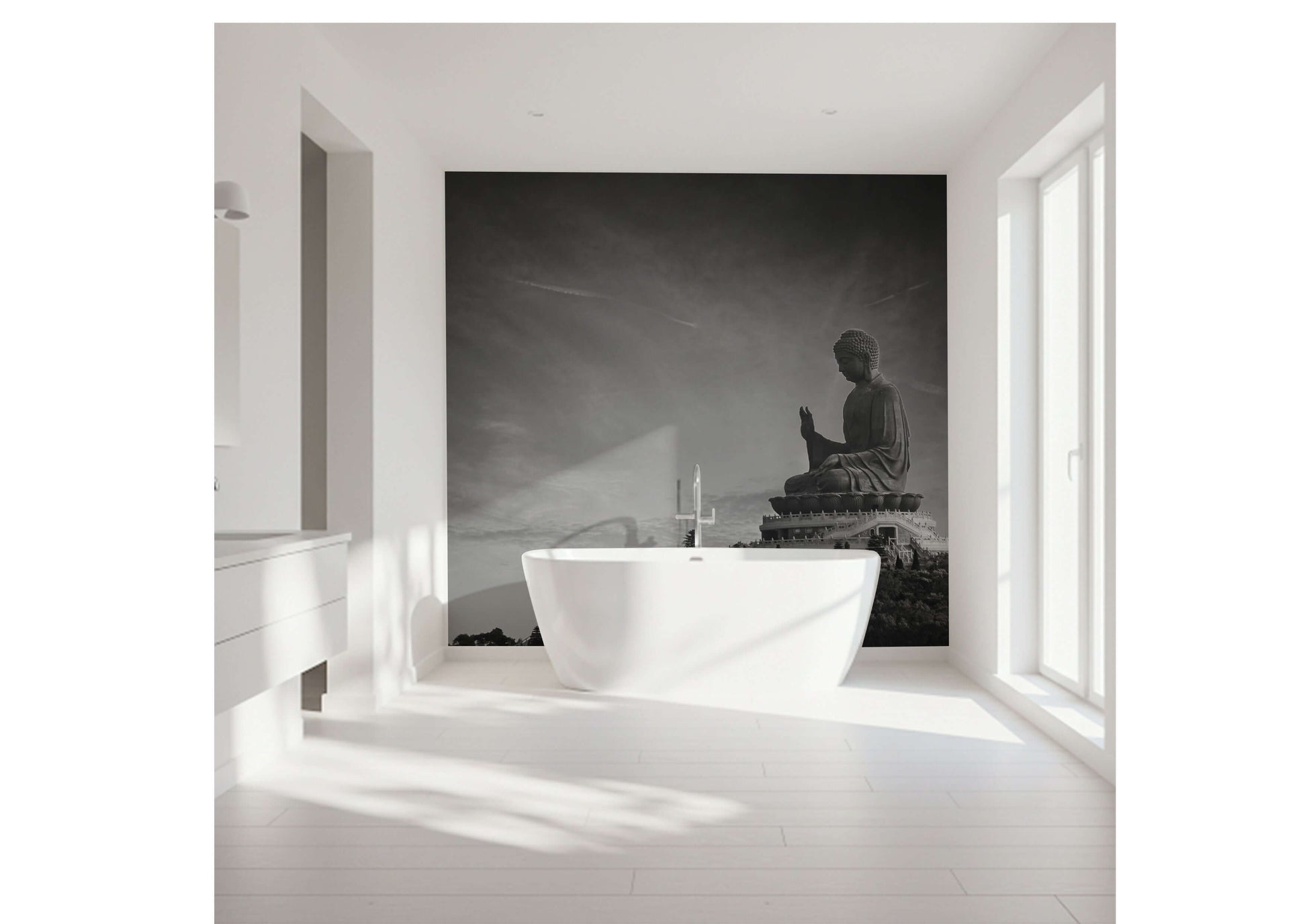 Elegant bathroom art featuring a serene Buddha statue, creating a tranquil ambiance in a modern space.
