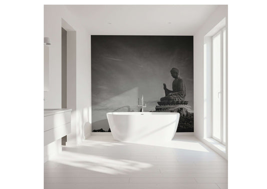 Elegant bathroom art featuring a serene Buddha statue, creating a tranquil ambiance in a modern space.