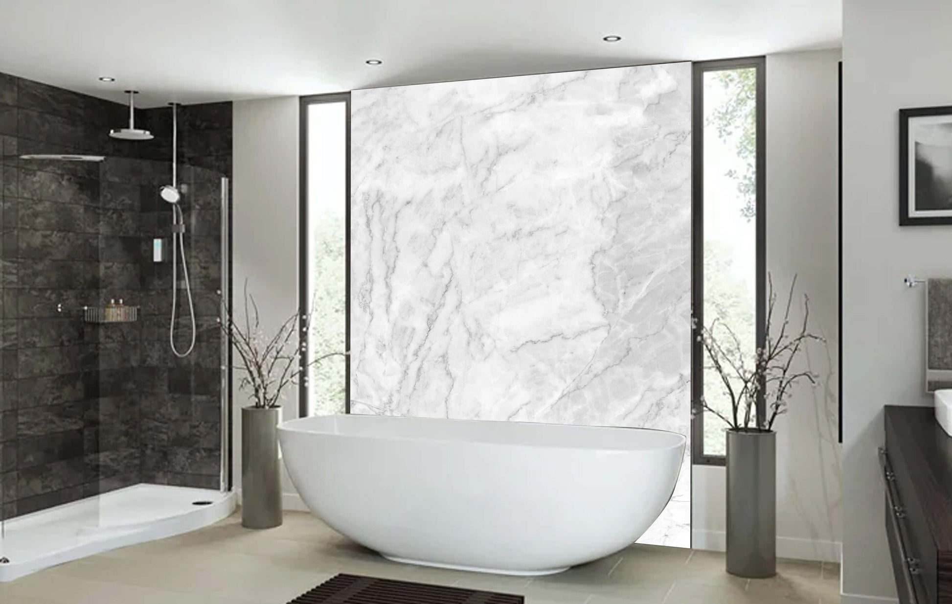 Luxurious bathroom featuring natural marble print panel, elegant bathtub, and stylish design elements.