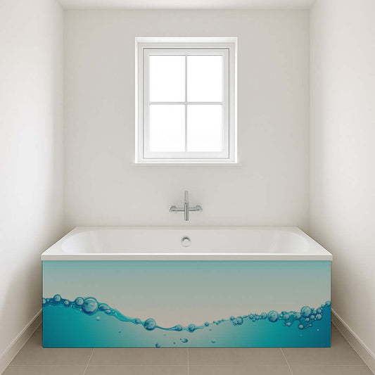 Stylish bathtub with a blue wave and bubble panel, adding energy and movement to a bright bathroom space.