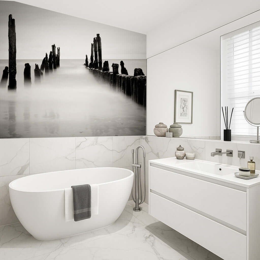 Stylish bathroom featuring a misty jetty shower panel with calming hues and modern fixtures.