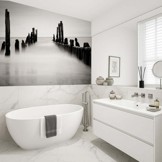 Stylish bathroom featuring a misty jetty shower panel with calming hues and modern fixtures.