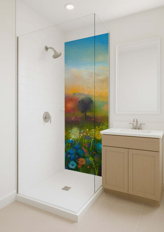 Watercolour blue poppies shower panel in modern bathroom, enhancing tranquility and elegance with nature-inspired design.
