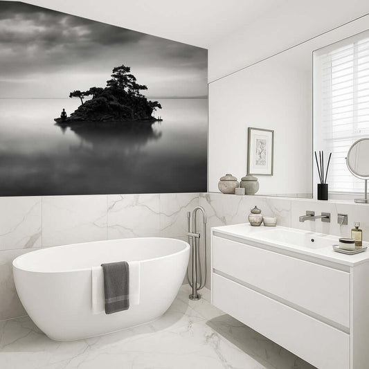 Stylish bathroom featuring a handmade shower panel with a misty island of rocks design for a calming ambiance.