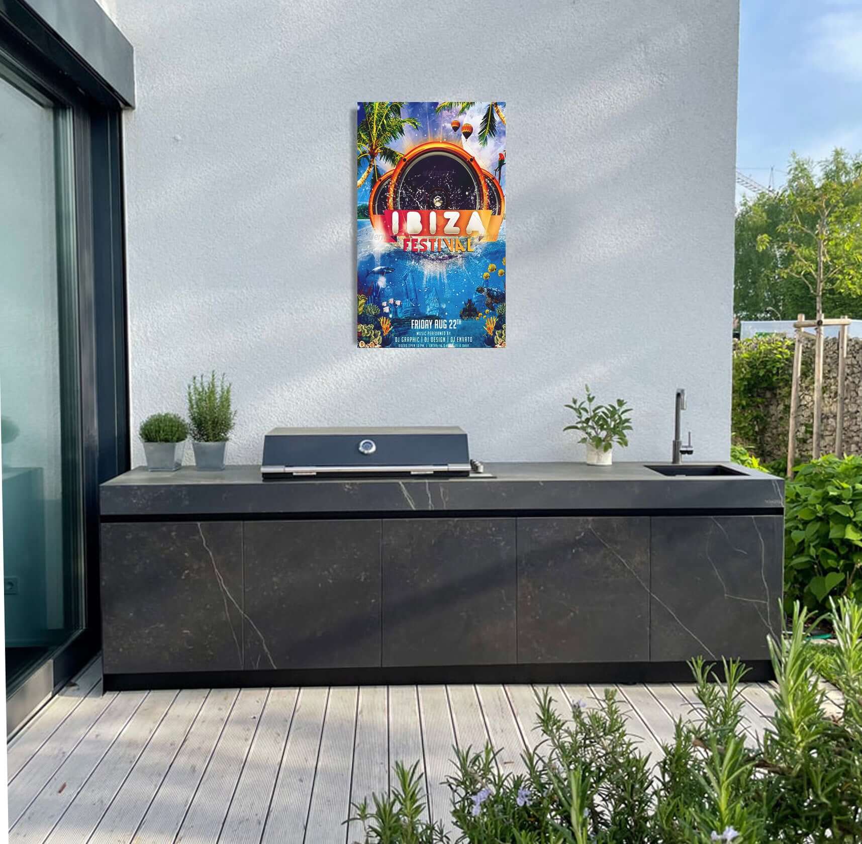 Ibiza festival flyer displayed in a modern outdoor kitchen, enhancing garden party vibes with tropical energy.