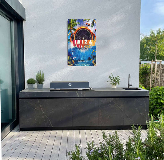 Ibiza festival flyer displayed in a modern outdoor kitchen, enhancing garden party vibes with tropical energy.