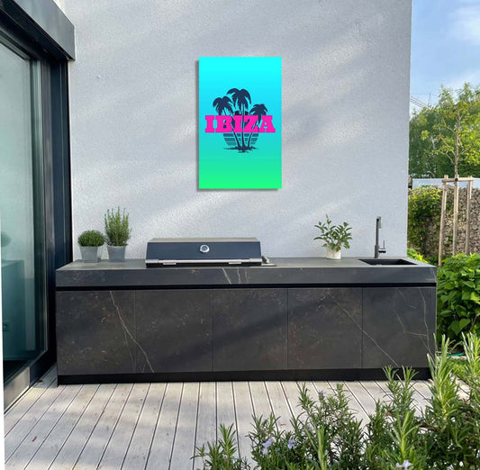 Ibiza-themed artwork featuring vibrant palm silhouettes in a modern outdoor kitchen setting.