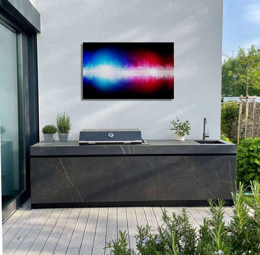 Modern outdoor kitchen featuring a bold soundwave artwork in blue and red, enhancing the space's atmosphere.