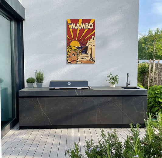 Pop Art Mambo wall art in a modern outdoor kitchen, showcasing vibrant colors and playful retro design.