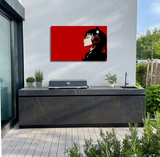 Anime style music artwork in a modern outdoor kitchen, featuring a character with headphones on a bold red background.