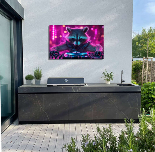 Colorful DJ raccoon garden art bringing fun and energy to an outdoor kitchen space.