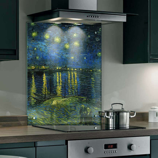Vibrant Monet Starry Night printed splashback in modern kitchen, enhancing space with artistic elegance.