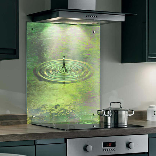 Monet style splashback with a water drop in pond, enhancing kitchen ambiance with calming green hues.