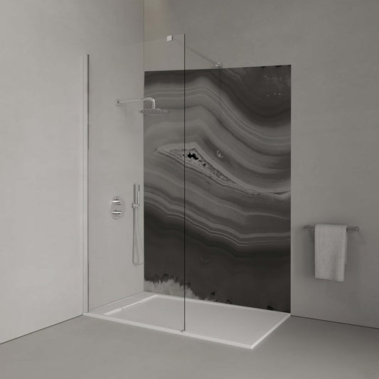 Monochrome Amethyst Shower Panel featuring dramatic black and white crystal formations in a modern bathroom setting.