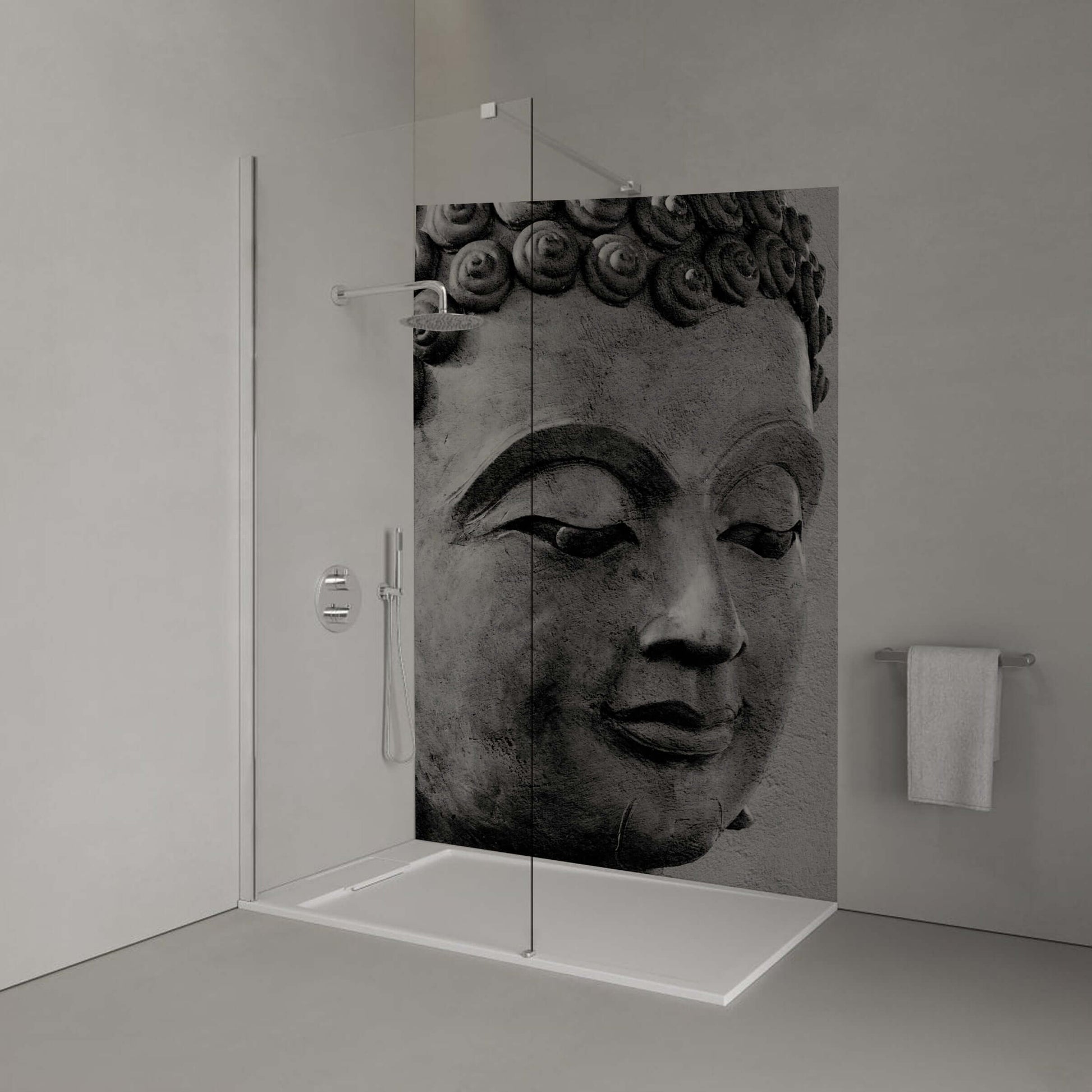 Monochrome Buddha head on a tranquil shower panel, exuding calmness and mindfulness in a minimalist bathroom setting.