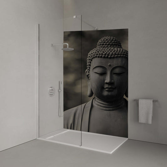 Monochrome Buddha wall panel in modern shower, embodying serenity and Eastern tranquility for mindful retreats.