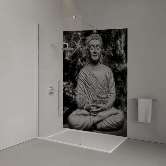 Monochrome Buddha shower panel displaying a serene sitting Buddha, perfect for a calming bathroom decor.