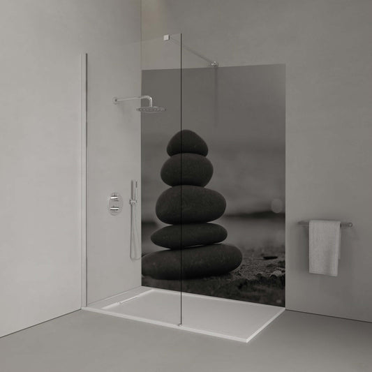 Monochrome small stack of zen stones in a serene bathroom setting, promoting calm and mindfulness.