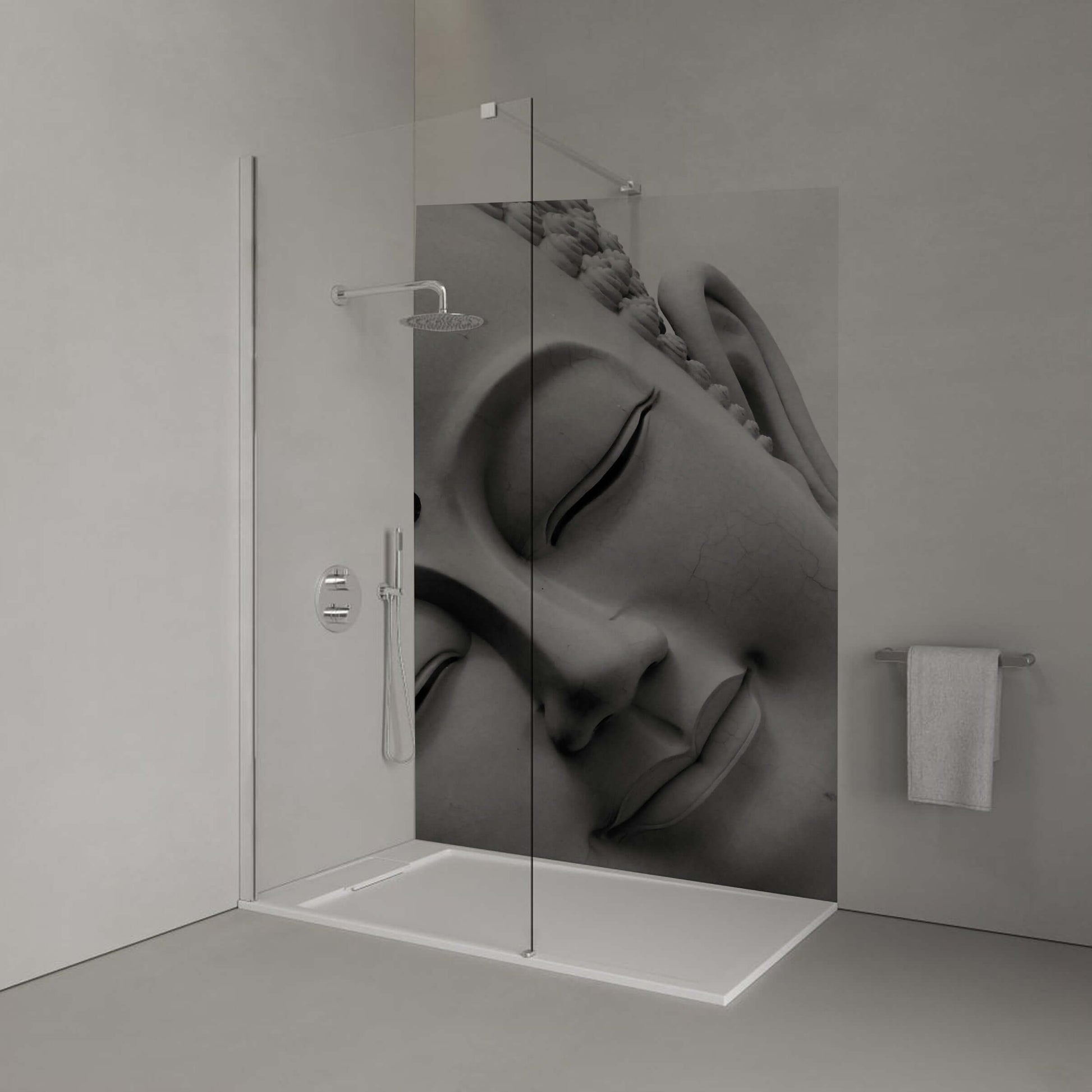 Monochrome tilting Buddha head panel in a serene bathroom setting, promoting tranquility and Buddhist-inspired décor.