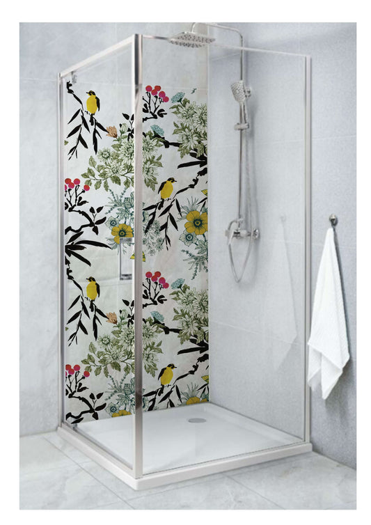 Shower featuring a serene nature design with birds and flowers on the panel, enhancing a tranquil bathroom aesthetic.