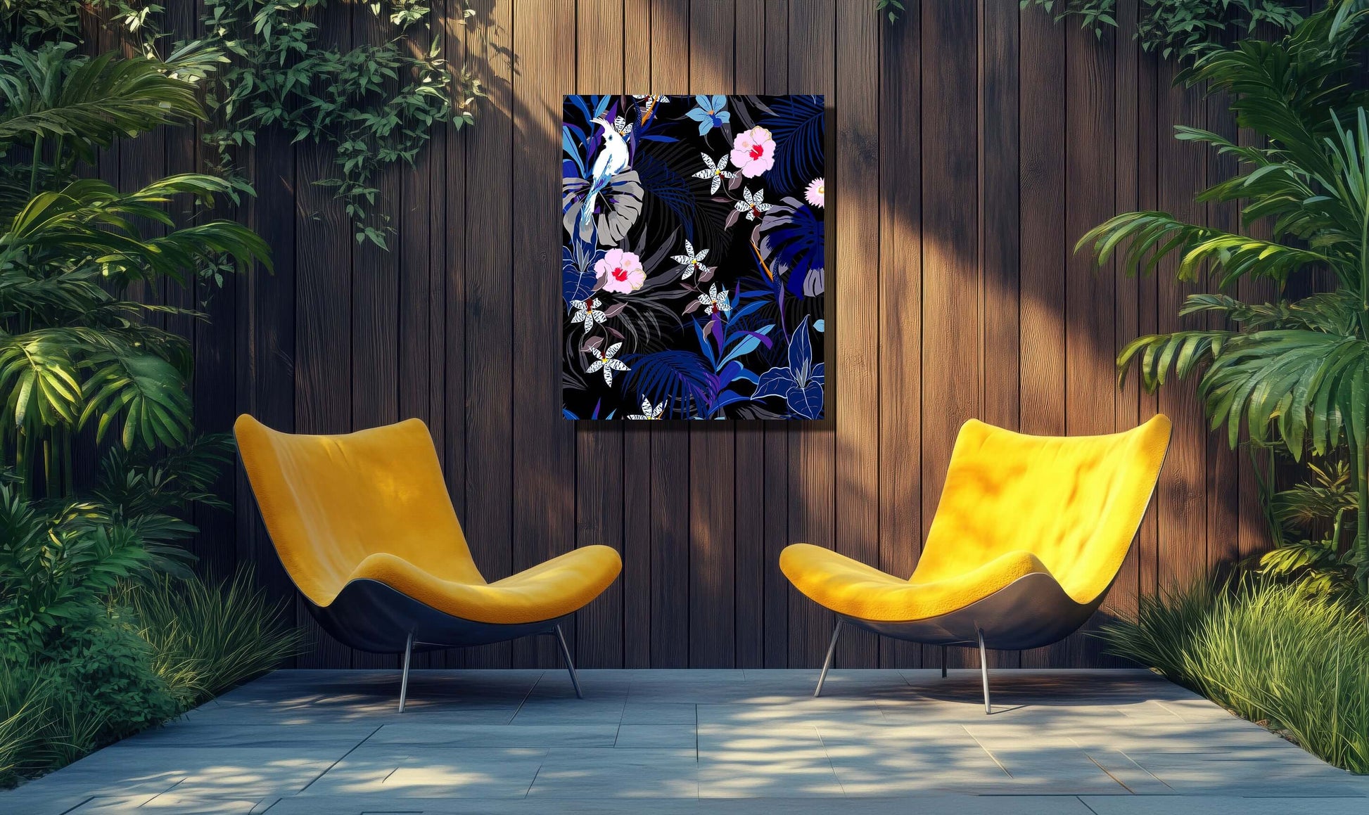 Midnight Bloom floral artwork enhancing a stylish garden with yellow chairs, adding elegance and tranquility.