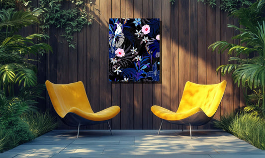 Midnight Bloom floral artwork enhancing a stylish garden with yellow chairs, adding elegance and tranquility.