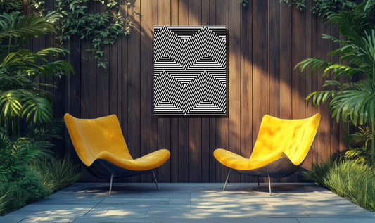 Zen Flow minimalist line art in a garden setting with yellow chairs, promoting relaxation and balance.