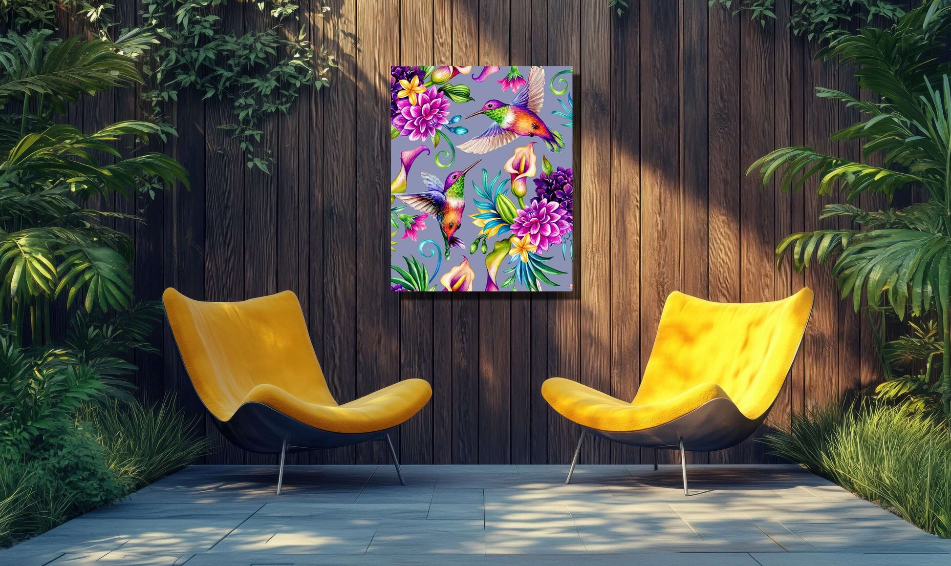 Tropical Flight garden art featuring vibrant hummingbirds and florals, enhancing an outdoor space with exotic charm.