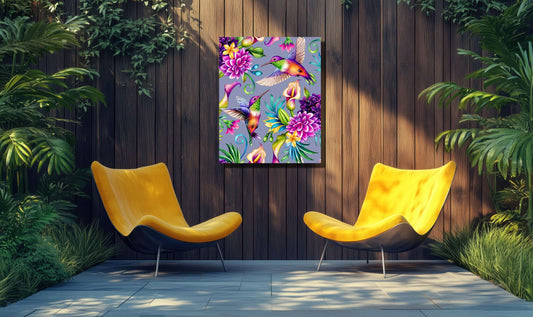 Tropical Flight garden art featuring vibrant hummingbirds and florals, enhancing an outdoor space with exotic charm.