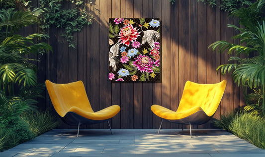 Nocturnal Bloom floral garden art displayed in a stylish outdoor space with vibrant colors and elegant seating.