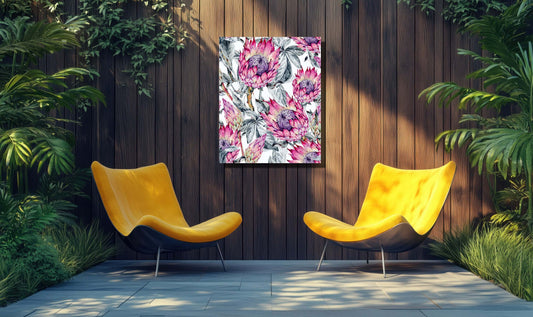 Bright floral design titled Wild Blush in a stylish garden setting with yellow chairs and lush greenery.