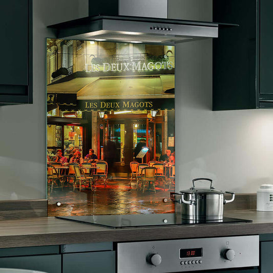 Les Deux Magots café splashback, evoking Parisian charm with warm lights and cozy atmosphere for kitchen decor.