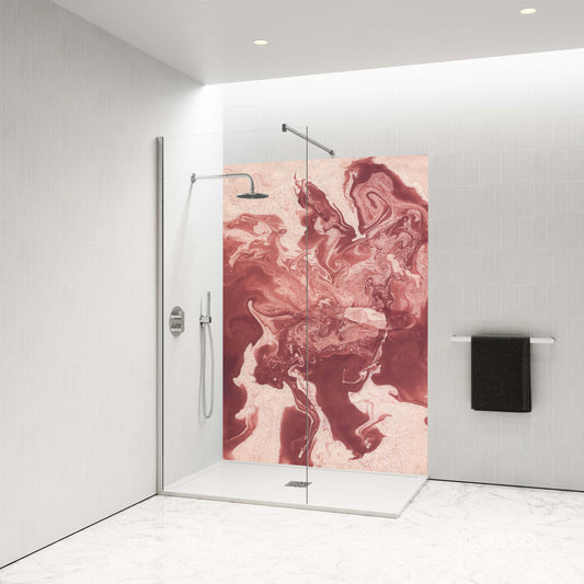 Red Ebru handmade shower panel with flowing marbled patterns, enhancing bathroom elegance and warmth.